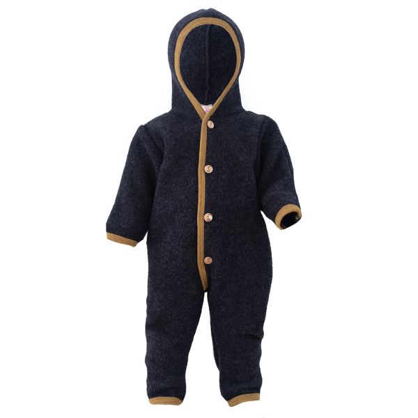 Baby-Overall mit Kapuze und Holzknöpfen, mit Umschlägen zum Verschließen an den Armen und Beinen, Fleece schwarz melange