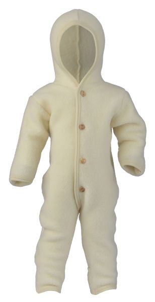 Baby-Overall mit Kapuze und Holzknöpfen, mit Umschlägen zum Verschließen an den Armen und Beinen, Fleece natur