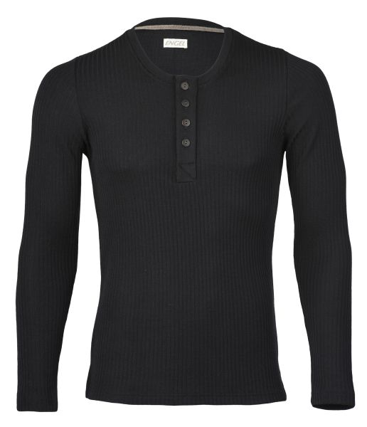 Herren-Shirt langarm mit Knopfleiste, Interlock Rippe schwarz